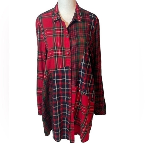 J.Jill RED Plaid Patchwork Cotton button down Tunic Pockets size small - Picture 1 of 6